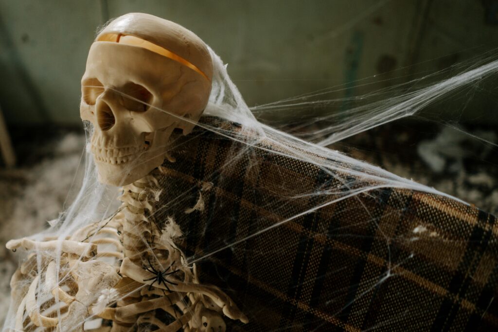 Eerie skeleton in cobwebs, perfect for Halloween-themed settings.